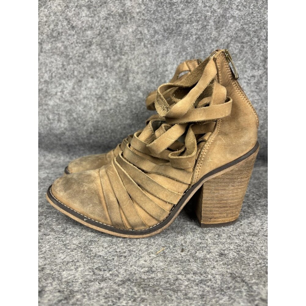 Free People Boots Womens Size 7 Suede Strappy Ankle Block Heel Brown‎ Booties